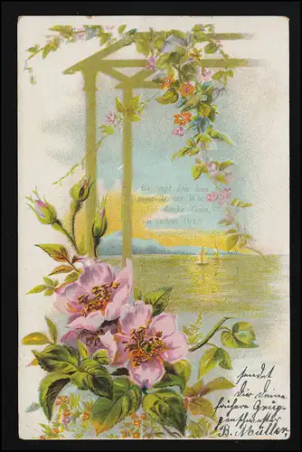 AK Blüten Rosen rosa vor Segelschiffen auf dem See POLLITZ / MORINGEN 4./5.10.04