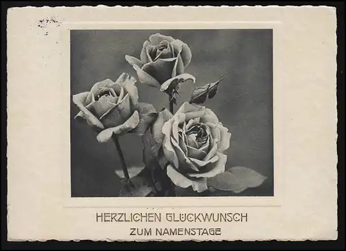 AK HCB Ser. 57 No 2, fleurs de rose + bourgeons, jour de nom, AMBERG Oberpfalz 25.2.31