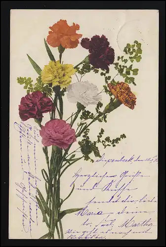 Foto AK bunter Strauß Nelken Farbenlichtdruck, DIEPENBEEK / WIESENAU 13.1.1904 