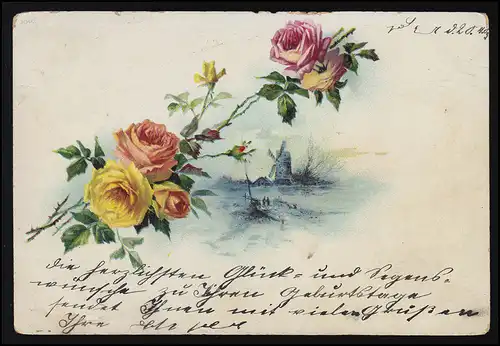 Rosen Ranken vor Windmühle Landschaft, Ortspostkarte CHARLOTTENBURG 20.4.1903