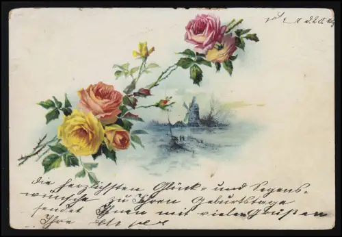 Rosen Ranken vor Windmühle Landschaft, Ortspostkarte CHARLOTTENBURG 20.4.1903