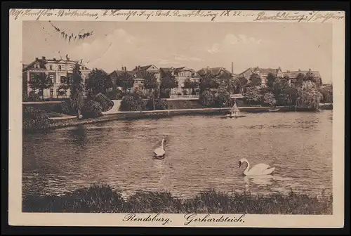 Foto AK Naturaun 7C059, Gerhardsteich mit Schwänen, Feldpost RENDSBURG 20.3.1917