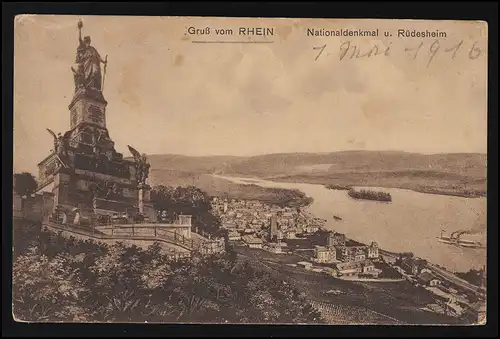 AK K.S.M No 284 Gruß vom Rhein GERMANIA RÜDESHEIM Denkmal  AßMANNSHAUSEN 1.5.16