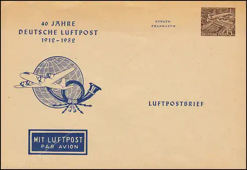 PU 5/8 Deutsche Luftpost 1912-1952 Flugzeug Posthorn Erdkugel, ungebraucht