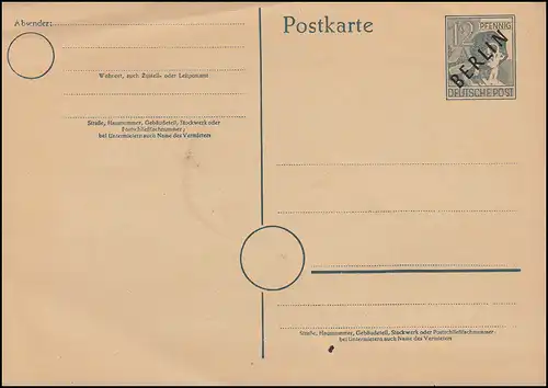 Carte postale spéciale P 2d noir BERLIN sur 12 pf., non utilisé / rs. SSt