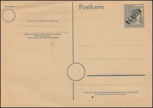 Sonderpostkarte P 2d Schwarzaufdruck BERLIN auf 12 Pf., ungebraucht / rs. SSt