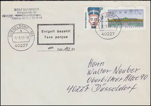 2.1.1. ATM mit SWK 20 und mit Entgelt-bezahlt-Stempel Brief DÜSSELDORF 1.9.1997