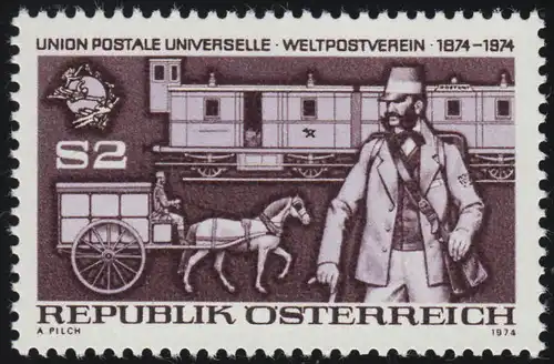1466 100 ans Association postale mondiale UPU, porte-lettre "Carriolwagen" 2 p. **