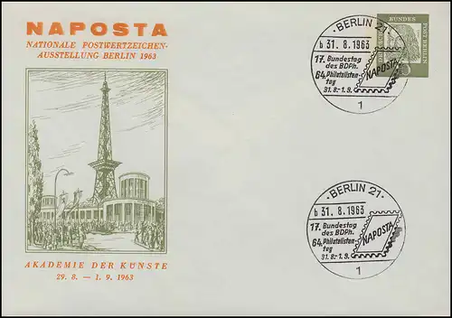 Berlin PU 29/7 NAPOSTA 1963 Ausstellung / Funkturm, SSt BDPh Bundestag 31.8.63