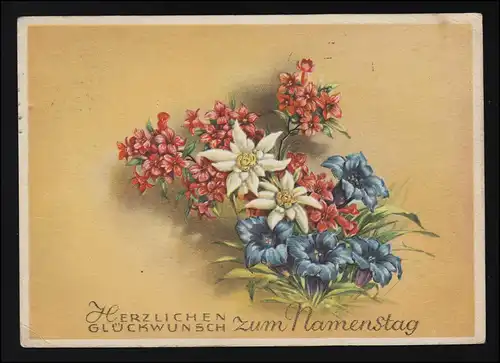 AK "Les Amis de l'Art Salzbourg" Edelweiss Enzian Alpenrose fête de nom VIENNE 13.11.50