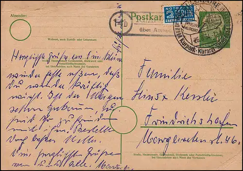Landpost 14b Tannweiler über AULENDORF 26.8.54 SSt Kneipp Kurort, auf Postkarte 