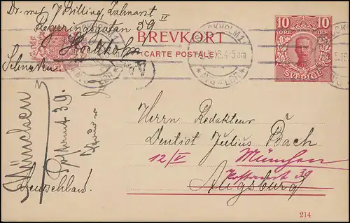 Postkarte P 30 BREFKORT König Gustav mit DV 214, STOCKHOLM 9.5.16 nach Augsburg
