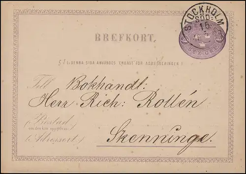 Carte postale P 1D BREFFORT 6 Öre, STOCKHOLM SÖD 15.2.1878 par Skenninge