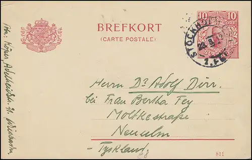 Postkarte P 30 BREFKORT König Gustav 10 Öre DV 811, STOCKHOLM 23.6.12 n. Neuulm