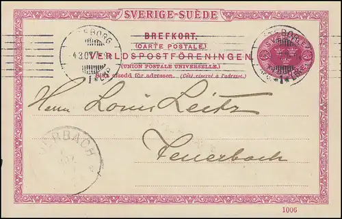 Postkarte P 25 SVERIGE-SUEDE mit DV 1006, GÖTEBORG 4.3.1907 n. FEUERBACH 6.3.07