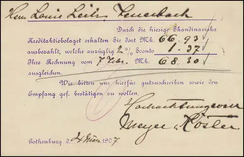 Postkarte P 25 SVERIGE-SUEDE mit DV 1006, GÖTEBORG 4.3.1907 n. FEUERBACH 6.3.07