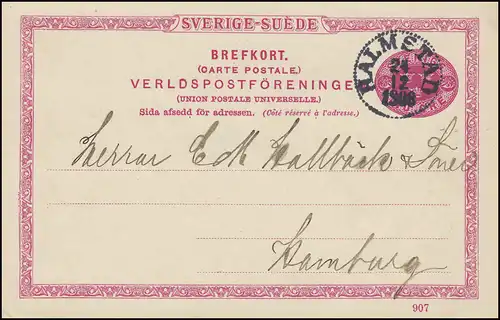 Postkarte P 25 SVERIGE-SUEDE mit DV 907, HALMSTAD 24.12.1908 nach Hamburg