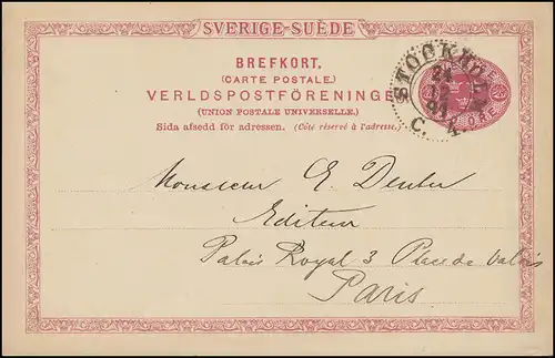 Postkarte P 20 SVERIGE-SUEDE 10 Öre, STOCKHOLM 24.12.1891 nach Paris