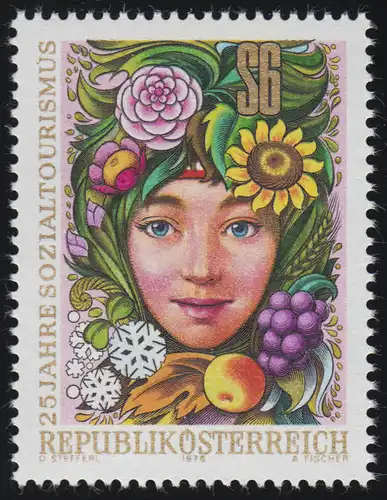 1577 25 ans Tourisme social, tête de fille Fleurs, fruits encadrés, 6 p, **
