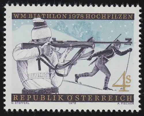 1568 Biathlon WM Feuillages hauts, biathlètes en cours de tir + course, 4 p, **