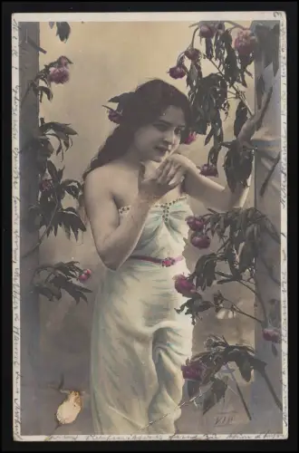 AK D.L. Jeune femme cheveux longs Roses noires Poste ferroviaire SOLATAU /STETTIN 17.11.05