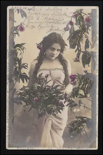 AK D.L. Junge Frau lange Haare Negligee Rosen, HANKENSBÜTTEL/ STETTIN 26.2.1904