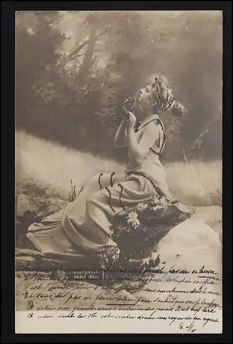 AK jeune femme Panflöte grecque déesse sign. REUTLINGER Paris FRIBOURG 18.8.02