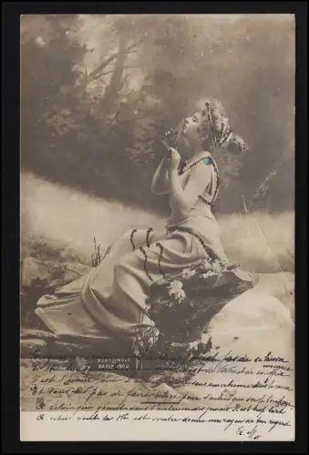 AK junge Frau Panflöte griechisch Göttin sign. REUTLINGER Paris FRIBOURG 18.8.02