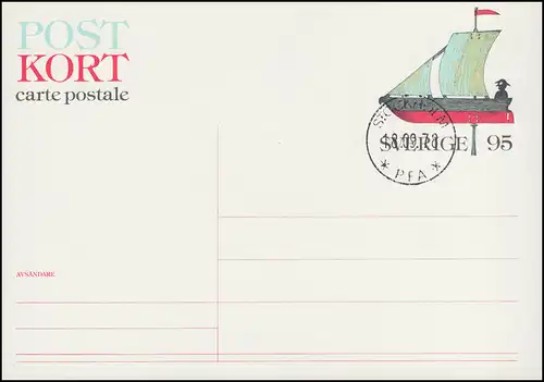 Suède Carte postale P 100 voilier 95 Öre 1977, cacheté