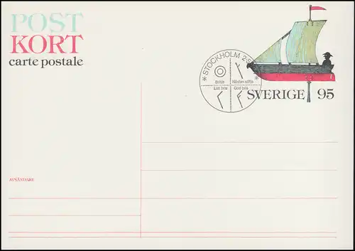 Suède Carte postale P 100 voilier 95 Öre 1977, FDC Stockholm 2.5.77