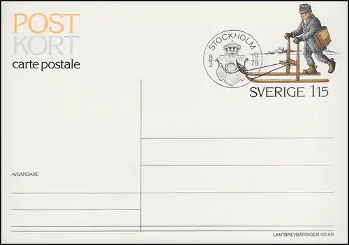 Schweden Postkarte P 102 Landbriefträger auf Tretschlitten, FDC Stockholm 8.3.78