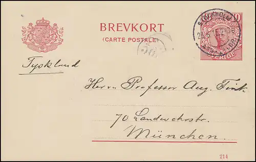 Postkarte P 30 BREFKORT König Gustav mit DV 214, STOCKHOLM 28.6.15 nach München
