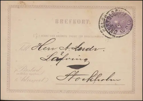 Postkarte P 1D BREFKORT 6 Öre, Örnsköldsvik 23.3.1878 nach Stockholm
