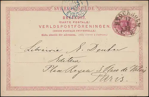 Postkarte P 20 SVERIGE-SUEDE 10 Öre, STOCKHOLM 12.8.1891 nach PARIS 14.8.91