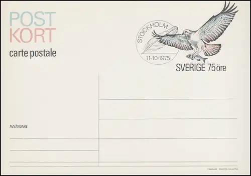 Suède Carte postale P 96 Pédale de poisson 75 Öre 1975, FDC Stockholm 11.10.75