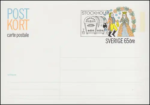 Suède Carte postale P 92 Dessin de poche 65 Öre, FDC Stockholm 7.10,1972