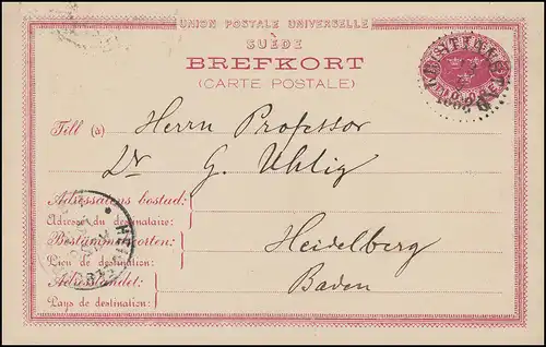 Carte postale P 13 BREFFORT, CRISTIANSTAD 3.9.1888 vers HEIDELBERG 15.9.88