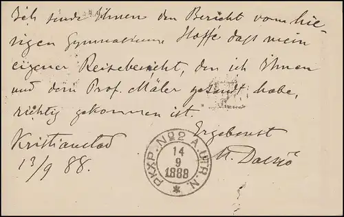 Postkarte P 13 BREFKORT, KRISTIANSTAD 3.9.1888 nach HEIDELBERG 15.9.88