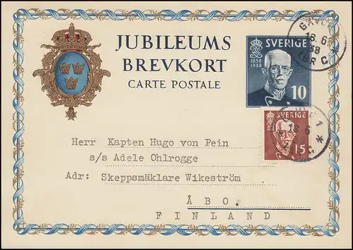 Carte postale P 59 Anniversaire 10 Öre avec supplément, GÄVLE 18.6.1938 vers Finlande