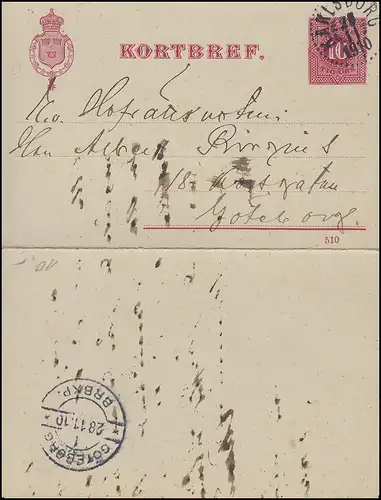 Kartenbrief K 8 Ziffer DV 510, KARLSBORG 28.11.1910 nach GÖTEBORG 28.11.10