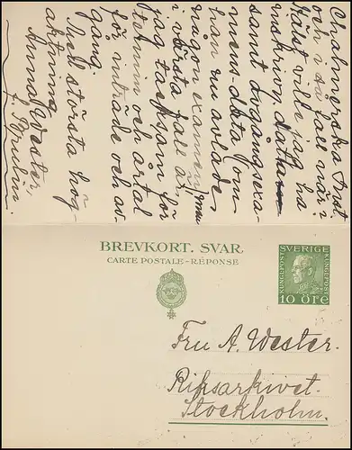 Carte postale P 43 Brevkort Roi Gustav 10/10 Öre, STOCKHOLM 26.4.1927