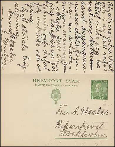 Postkarte P 43 Brevkort König Gustav 10/10 Öre, STOCKHOLM 26.4.1927