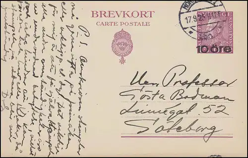 Carte postale P 46 Brevkort Roi Gustav 10 sur 15 Öre, Norköping 17.9.25
