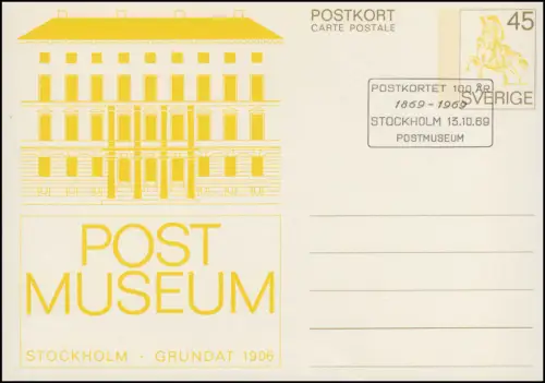 Suède Carte postale P 89 Postmuseum Pokrieder, FDC Stockholm 13.10.1969