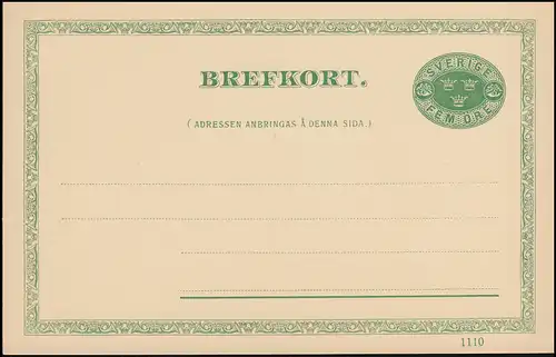 Suède Carte postale P 24 Brefkort 5 Öre vert Date d'impression 1110, ** frais de port