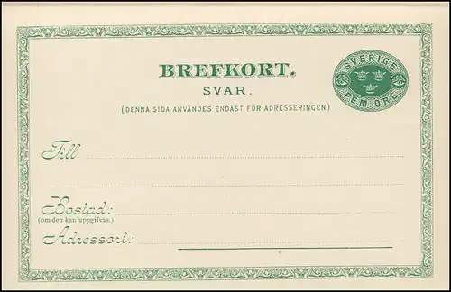 Schweden Postkarte P 18B Brefkort Posthornrahmen 5/5 Öre, ** postfrisch