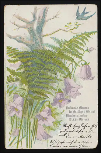 AK Serie 103 Glockenblumen Farn Schwalbe Vers, Bahnpost LÖHNE/ HALLE 27.8.1904  