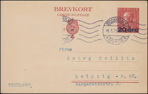 Postkarte P 47I König Gustav Maschinenaufdruck 20 / 25 Öre, STOCKHOLM 16.5.1923