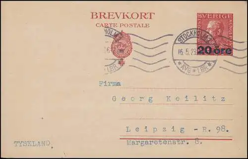 Postkarte P 47I König Gustav Maschinenaufdruck 20 / 25 Öre, STOCKHOLM 16.5.1923