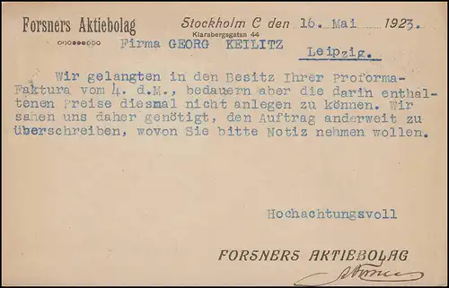 Postkarte P 47I König Gustav Maschinenaufdruck 20 / 25 Öre, STOCKHOLM 16.5.1923